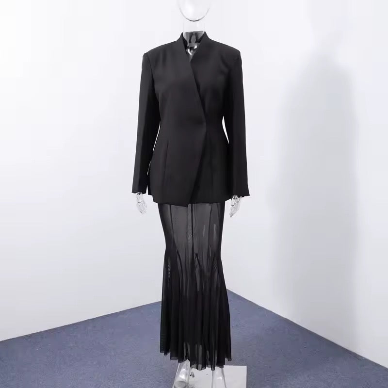 סט שני חלקים אלגנטי בלייזר וחצאית מקסי שיפון - אנסטסיה