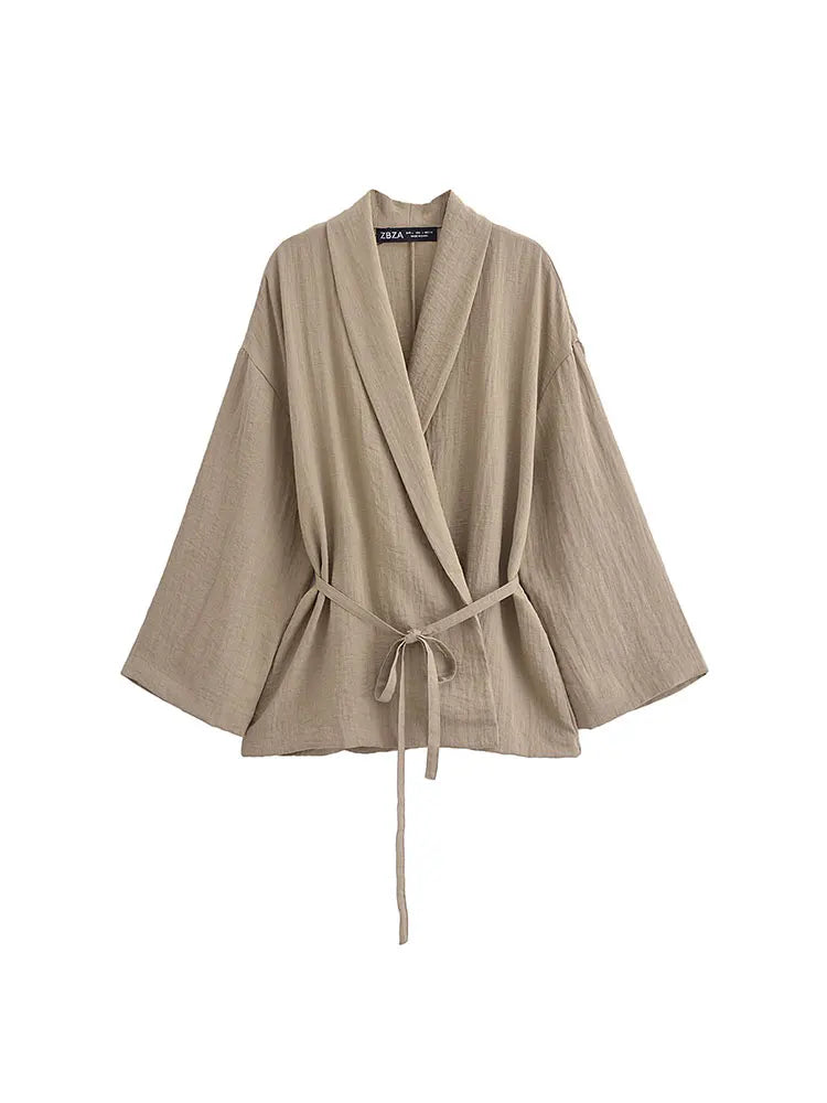 חליפת פשתן שני חלקים חולצת קשירה ומכנסיים ארוכים - אווה